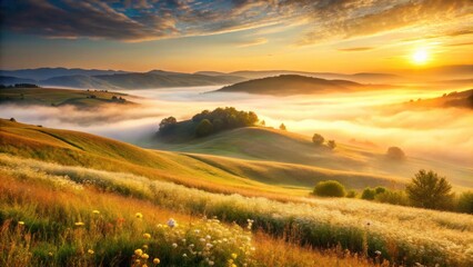 Obraz premium Golden Sunrise Over Rolling Hills and Misty Valleys, A Serene Landscape Painting in Nature's Hues