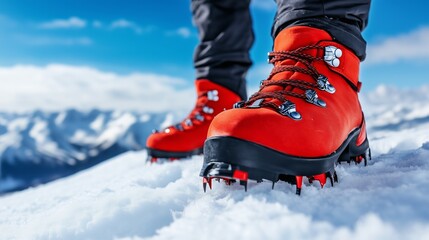 Naklejka premium Vibrant red climbing boots with crampons in snowy mountains, symbolizing outdoor adventure and exploration.