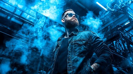 Obraz premium Stylish Man in Sunglasses with Beard Posing Dramatically Amidst Blue Smoke and Industrial Background