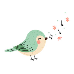 Cute spring bird with notes. Little green bird singing song. Funny cartoon character, icon isolated on white background.