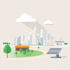 Naklejka premium Illustrative Cityscape with Sustainable Energy Sources and Residential Area
