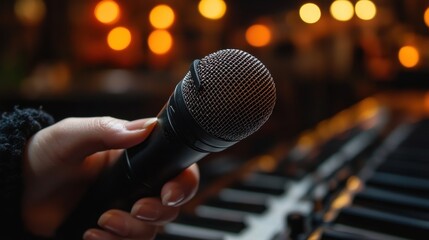 hand holding wirlessd microphone isolated,studio background