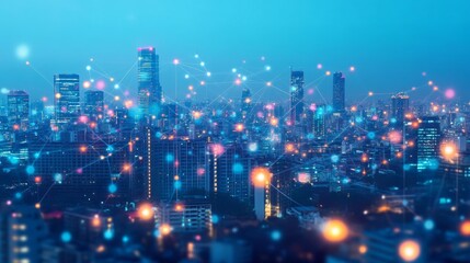 City lights shine brightly, connected by a web of technology. This vibrant cityscape represents the blend of urban living and digital progress.  