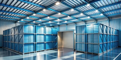 Fototapeta premium Modern Industrial Storage Facility with Stacked Blue Metal Containers and Bright Lighting