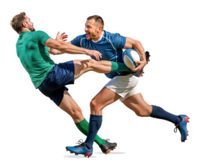 Intense rugby tackle as two players clash mid-game on isolated background