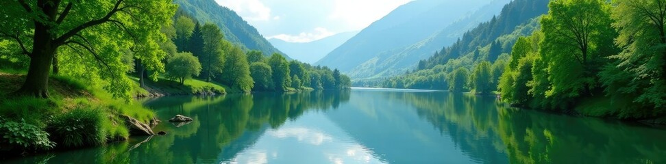 Lush greenery surrounds a serene lake in Bad Reichenhall, lake scene, peaceful, nature