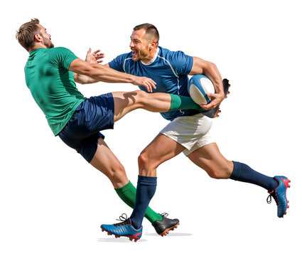 Intense rugby tackle as two players clash mid-game on isolated background