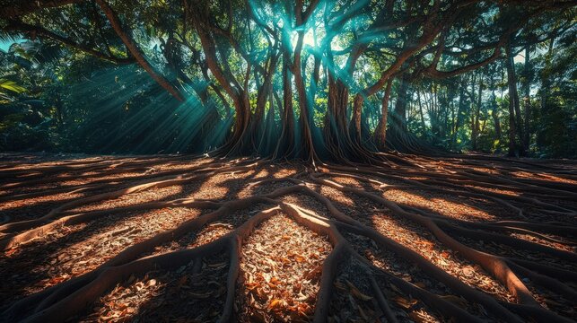 Majestic Banyan Tree Roots Bask In Sunlight