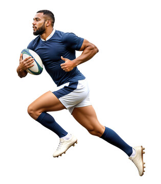 Side view of pro African male rugby player in sprinting pose