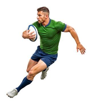 Agile rugby player in green jersey making a maneuver on isolated background