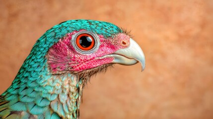 Obraz premium Colorful Bird with Vibrant Feathers and Distinctive Eye Posing Gracefully Against Soft Background