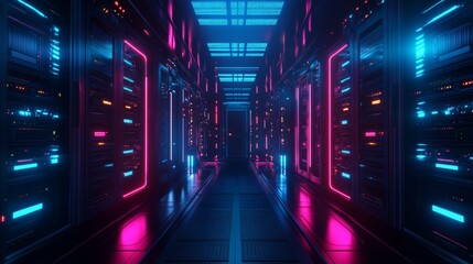 Fototapeta premium A dimly lit server room with neon lights shining and illuminating the darkness, a futuristic and virtual world rendered in 3D. 
