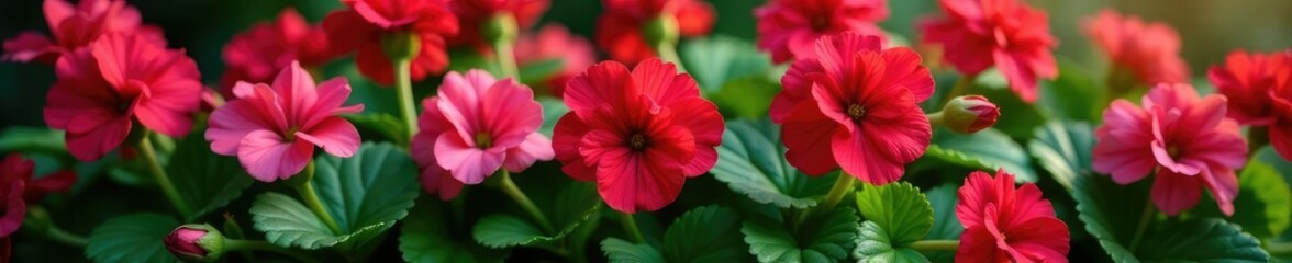 Pink-red geranium blooms on a bed of lush green leaves, beds, red