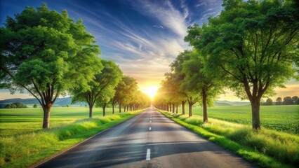 Fototapeta premium Asphalt road lined with lush green trees at sunset, idyllic summer landscape, peaceful rural scene