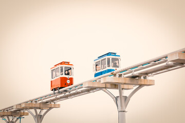 Coastal Monorail on the Sea: a scenic trip along a beach track. A blue rail train trip to Haeundae Cheongsapo, Busan, South Korea.