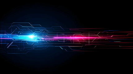 Abstract Technological Circuitry Design With Blue And Red Linear Light Trails Over Dark Background
