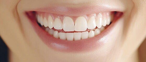 Fototapeta premium Close-Up View of a Bright Smile with Healthy White Teeth and Natural Lip Color in Soft Lighting