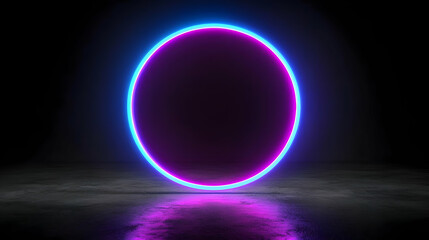 Obraz premium Neon Circle Displaying Blue And Purple Light Against Dark Backdrop With Concrete Surface