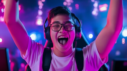 Excited Gamer Celebrating Victory with Headphones and Colorful Lights in Background during Gaming Tournament