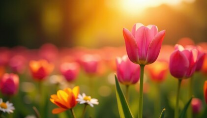 Pink tulips shining in the warm sunlight amidst other flowers, daisy, nature, field