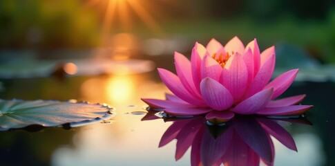Pink water lily blooms rising from the surface of the pond at dawn, sunrises, water_lilies