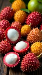 Assortment of unique fruits including rambutan, lychee, and kiwano, variety, ripe