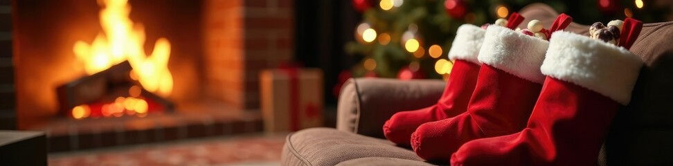 Plush stockings stuffed with treats waiting by the fire, chocolate, festive