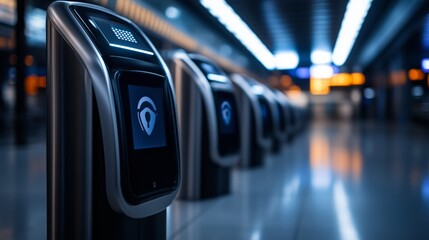 Modern security gates line a dimly lit transport terminal.