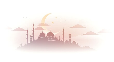 Obraz premium A peaceful illustration of a crescent moon and mosque at dawn, white background