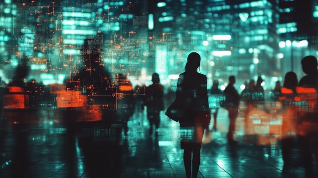 People networking through the internet, represented by silhouettes against a digital city background and a blurry network interface overlay. The image has a stylized, muted tone. 