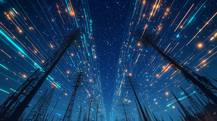 Render Of Power Transmission Lines with 3D Digital Visualization of Electricity. Fantastic Visuals of Night Sky Full of Bright Stars. Concept of Renewable Green Energy Powering Human Progress