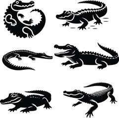 Alligator Crocodile Silhouette Vector Set – Minimalist Black Wildlife Design for Logos, Tattoos, and Branding
