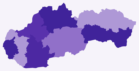 Map of Slovakia with regions. Just a simple country border map with region division. Deep purple color palette. Plain Slovakia shape with administrative division. Vector illustration.