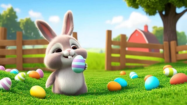 A cute plush bunny in a meadow in the countryside picks up a colored egg and talks happily 3D animation