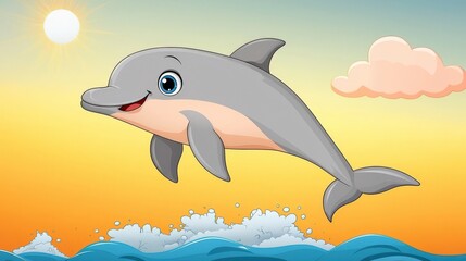 Obraz premium Cheerful Dolphin Leaping Over Waves in Front of Bright Orange Sunset with Gentle Clouds Above