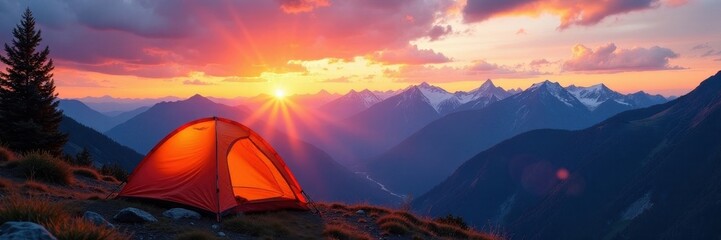 Sunrise over Cascade mountain range, tent in foreground, view, nature, Cascades
