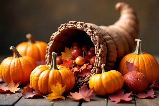 Cornucopia centerpiece surrounded by pumpkins and fall leaves, decoration, pumpkins
