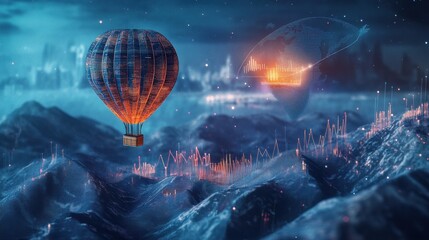 a whimsical design featuring a hot air balloon made up of layered charts and graphs, rising above a landscape of data points, representing data-driven exploration