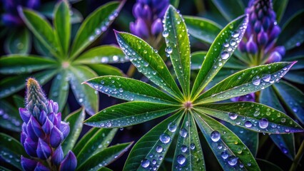 Close-up view of dew-kissed lupine leaves and buds, vibrant green foliage with glistening water droplets, showcasing the intricate details of nature's artistry