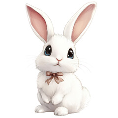 Obraz premium Cute white rabbit with oversized ears and tiny bow, sitting adorably. This charming character embodies playful and whimsical spirit, perfect for various creative projects