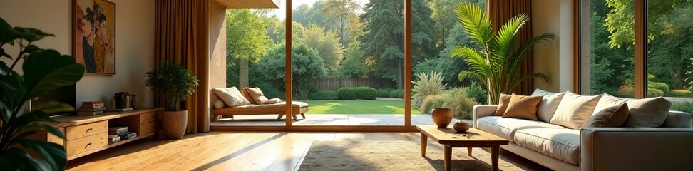 Cozy living room with large windows overlooking garden, featuring plush sofa and wooden furniture, windows, house