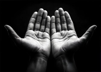 A grayscale close-up of two open hands, palms upward.