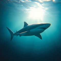 Fototapeta premium Great White Shark Swimming Underwater with Sunlight Shining Through Water