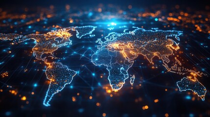 Glowing digital world map for overlay usage in business, investment, and global connectivity
