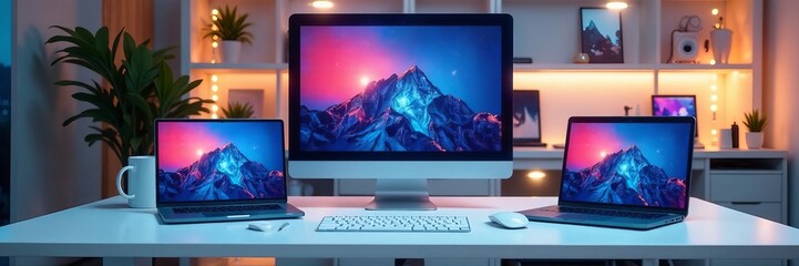 Innovative technology gadgets, digital devices on sleek white desk, gadgets, advanced