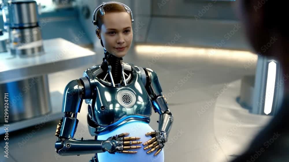 Leinwandbilder A synthetic robot designed for surrogacy interacts with a person in a high-tech environment. The robot's innovative technology is showcased as it touches its glowing abdomen, symbolizing pregnancy.