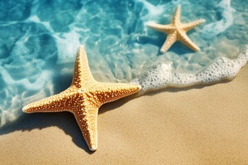 Starfish on the summer beach in sea water. Summer background. Summer time.