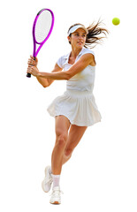 Dynamic Action Shot of a Young Female Tennis Player swing racket to hit a tennis ball