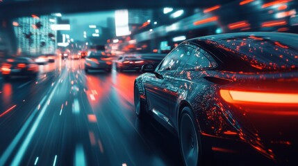 A self-driving car navigates a busy highway, highlighted by a digital overlay showcasing advanced navigation and safety technology.