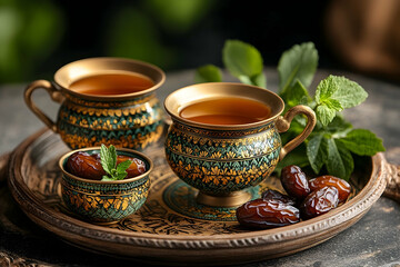 Fototapeta premium Traditional tea served in ornate cups with dates on a decorative tray, surrounded by fresh mint leaves
